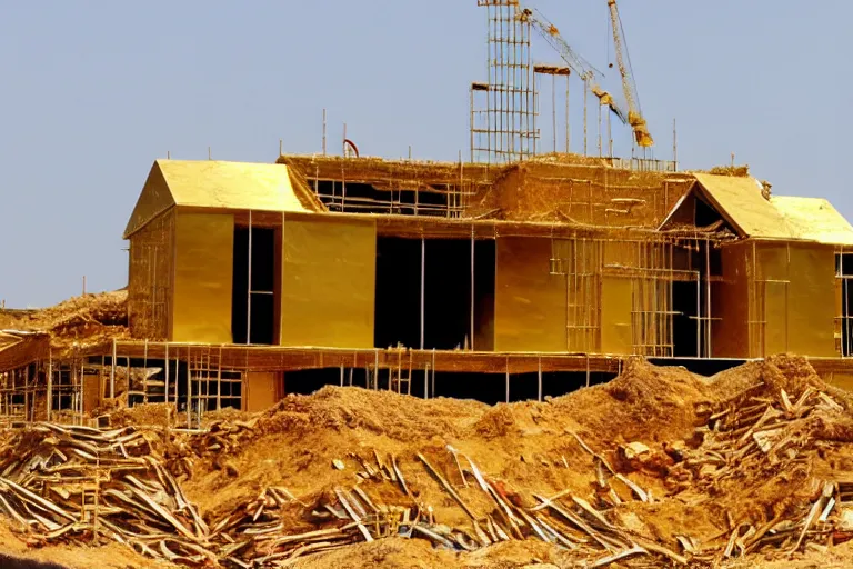 Image similar to a house, under construction, made of gold, with piles of money around it