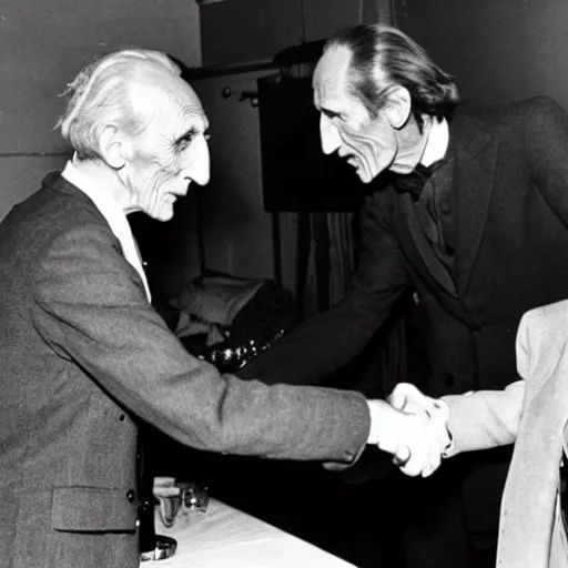 Prompt: peter cushing shakes hands with count orlok