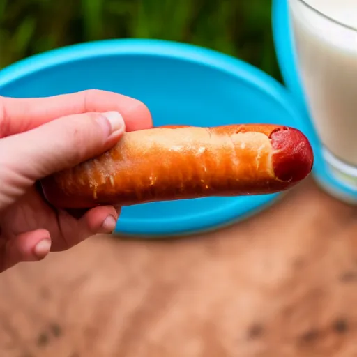 Image similar to fist holding a hotdog, dipping it into a large bowl of milk