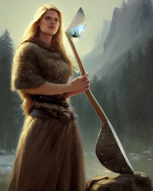 Prompt: cinematic shot epic portrait an female viking holding an stone axe, winter backround, cloudy, dust, shiny skin, beautiful, fine details. night setting. realistic shaded lighting poster by craig mullism, artgerm, jeremy lipkin and michael garmash, unreal engine, radiant light, detailed and intricate environment, digital art, trending on art station,