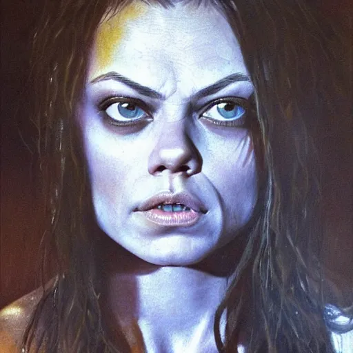 Prompt: detailed portrait of mila kunis as gollum from lord of the rings intricate, hyper detailed, realistic, oil painting, by julie bell, frank frazetta, cinematic lighting
