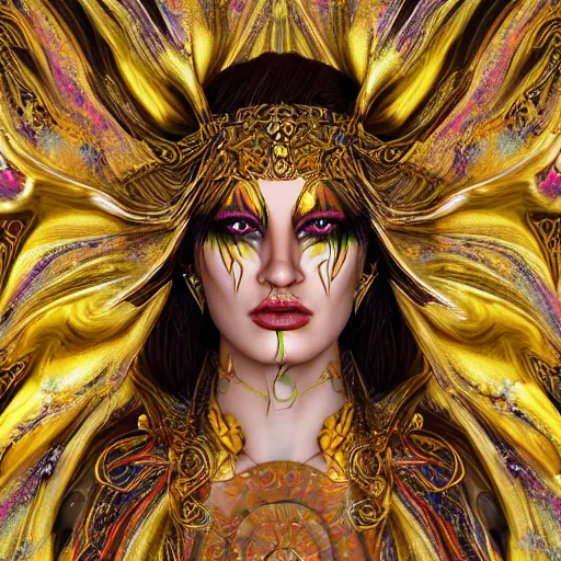 Prompt: psychedelic warrior goddess made of golden marble, beautiful face, hyper detailed, flowing psychedelic background intricate and detailed, ornate 8 k gorgeous intricate detailed, octane render, front view