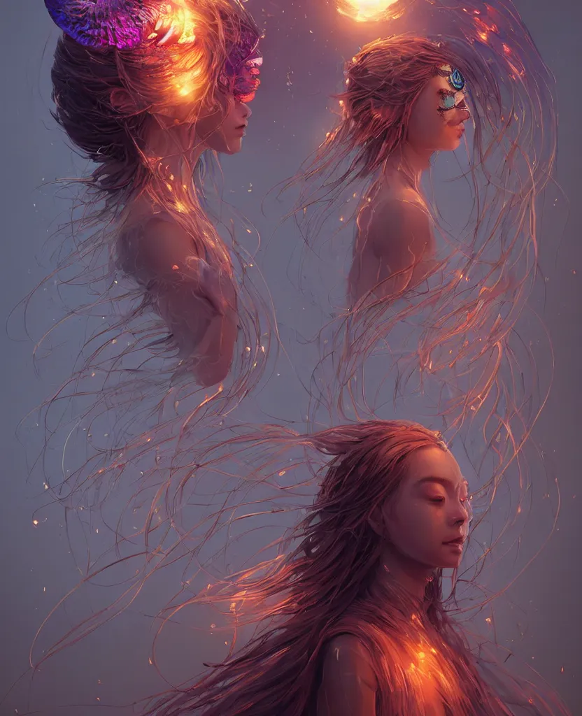 Prompt: goddess portrait masked. jellyfish butterfly phoenix head. energy flows of water and fire, by Tooth Wu and wlop and beeple. a highly detailed epic cinematic concept art CG render digital painting artwork scene. By Greg Rutkowski, Ilya Kuvshinov, WLOP, Stanley Artgerm Lau, Ruan Jia and Fenghua Zhong, trending on ArtStation, made in Maya, Blender and Photoshop, octane render, excellent composition, cinematic dystopian brutalist atmosphere, dynamic dramatic cinematic lighting, aesthetic, very inspirational, arthouse