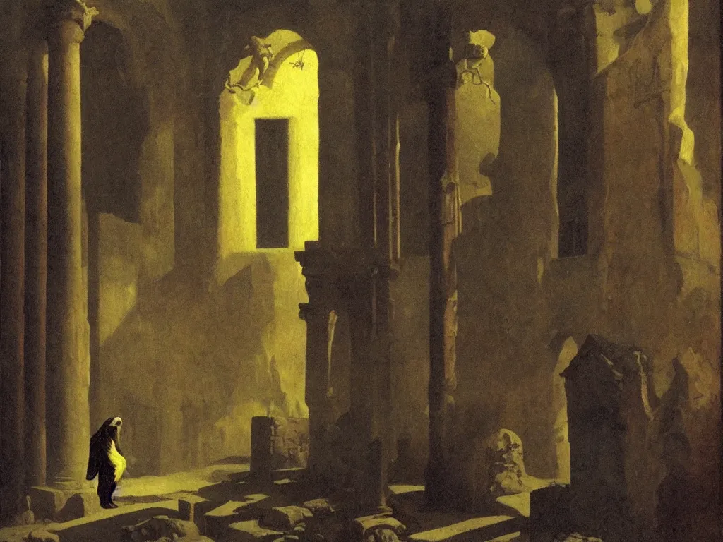 Image similar to gothic deserted temple in the impossible light psychedelia. dark, looming shadows. painting by cappiello leonett, arnold bocklin, wayne barlowe, agnes pelton, rene magritte