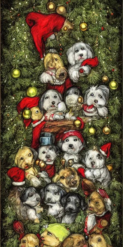 Image similar to a christmas puppies scene by alexander jansson