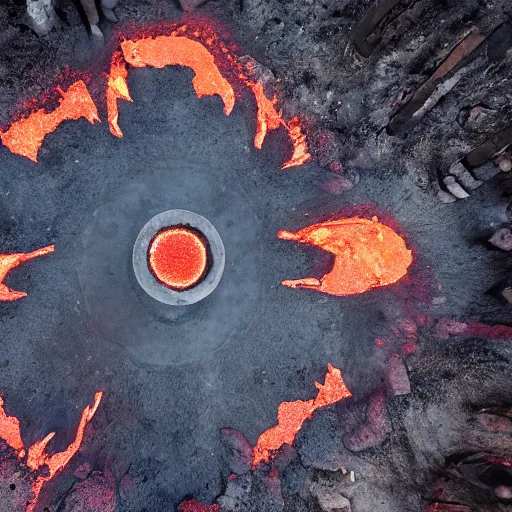 Image similar to ancient demon summoning, magic, volcanic acitvity, shot from drone