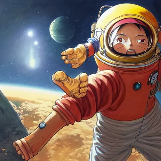 Image similar to luffy in a astronaut suit and luffy, intricate, luffy, highly detailed, digital painting, artstation, concept art, smooth, sharp focus, illustration, luffy, unreal engine 5, 8 k, art by artgerm and greg rutkowski and alphonse mucha