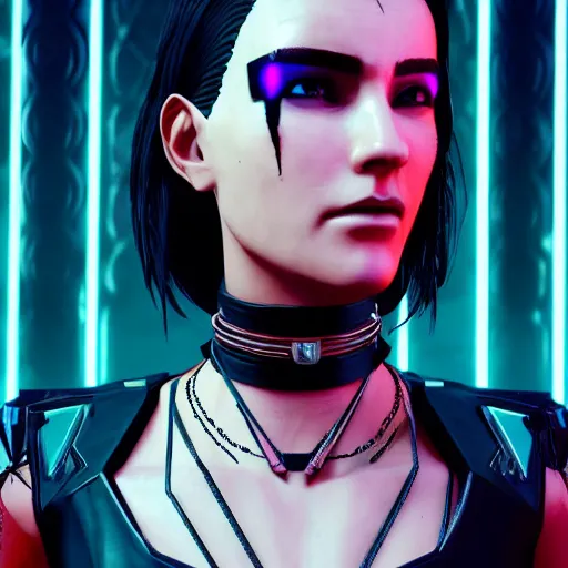 Image similar to female V from Cyberpunk 2077 wearing spiked steel choker, steel collar, steel choker, punk, steel collar, 4K, realistic, spiked collar, portrait, art, beautiful,