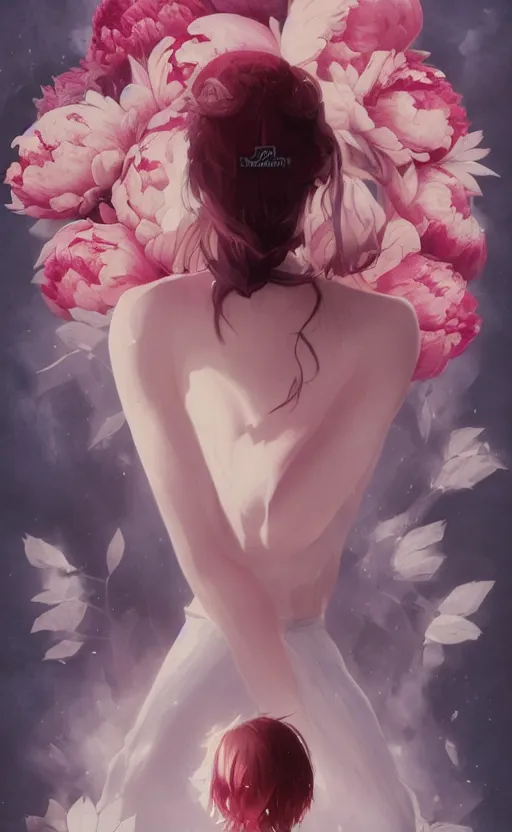 Image similar to bestselling movie poster, official media,a cinematic beautiful closeup moment of saying goodbye with peonies, simple form, brutal shapes, shaman, pixiv, 1970s fashion, official anime media, cinematic lighting, artwork by doja cat, charlie bowater, waterhouse, ,greg rutkowski, wong kar wai