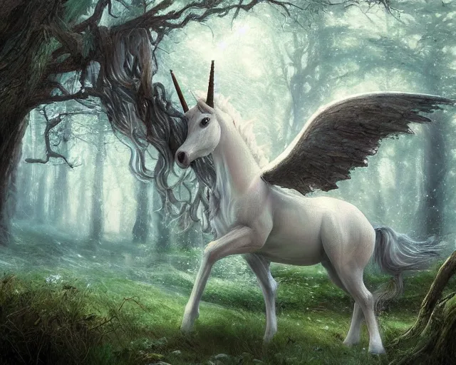 Image similar to fine art painting of a unicorn in a magical forest, artstation, cgsociety, very detailed, intricate