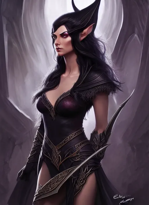 Prompt: d & d concept art of gorgeous elven woman with raven black hair in the style of stefan kostic, realistic, half body shot, sharp focus, 8 k high definition, insanely detailed, intricate, elegant, art by stanley lau and artgerm, foggy backgeound, fantasy