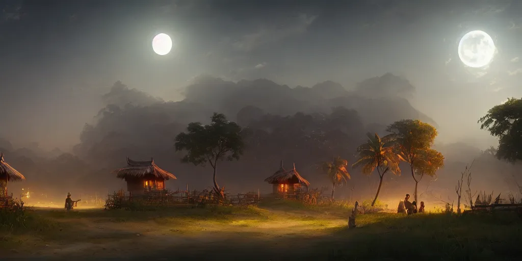 Prompt: moonlit kerala village, sharp focus, wide shot, trending on ArtStation, masterpiece, by Greg Rutkowski, by Ross Tran, by Fenghua Zhong, octane, soft render, ultrarealistic, colorful, cinematic, horizon forbidden west