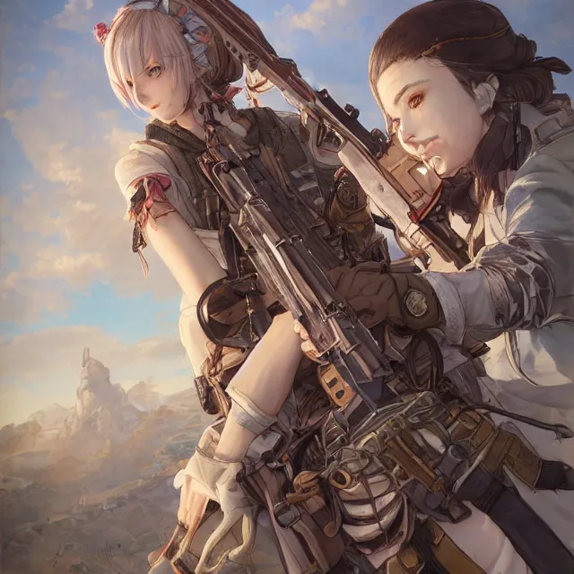 Image similar to the portrait of lawful neutral semi - colorful female infantry gunner as absurdly beautiful, gorgeous, elegant, young anime girl, an ultrafine hyperdetailed illustration by kim jung gi, irakli nadar, intricate linework, bright colors, octopath traveler, final fantasy, unreal engine 5 highly rendered, global illumination, radiant light, detailed and intricate environment