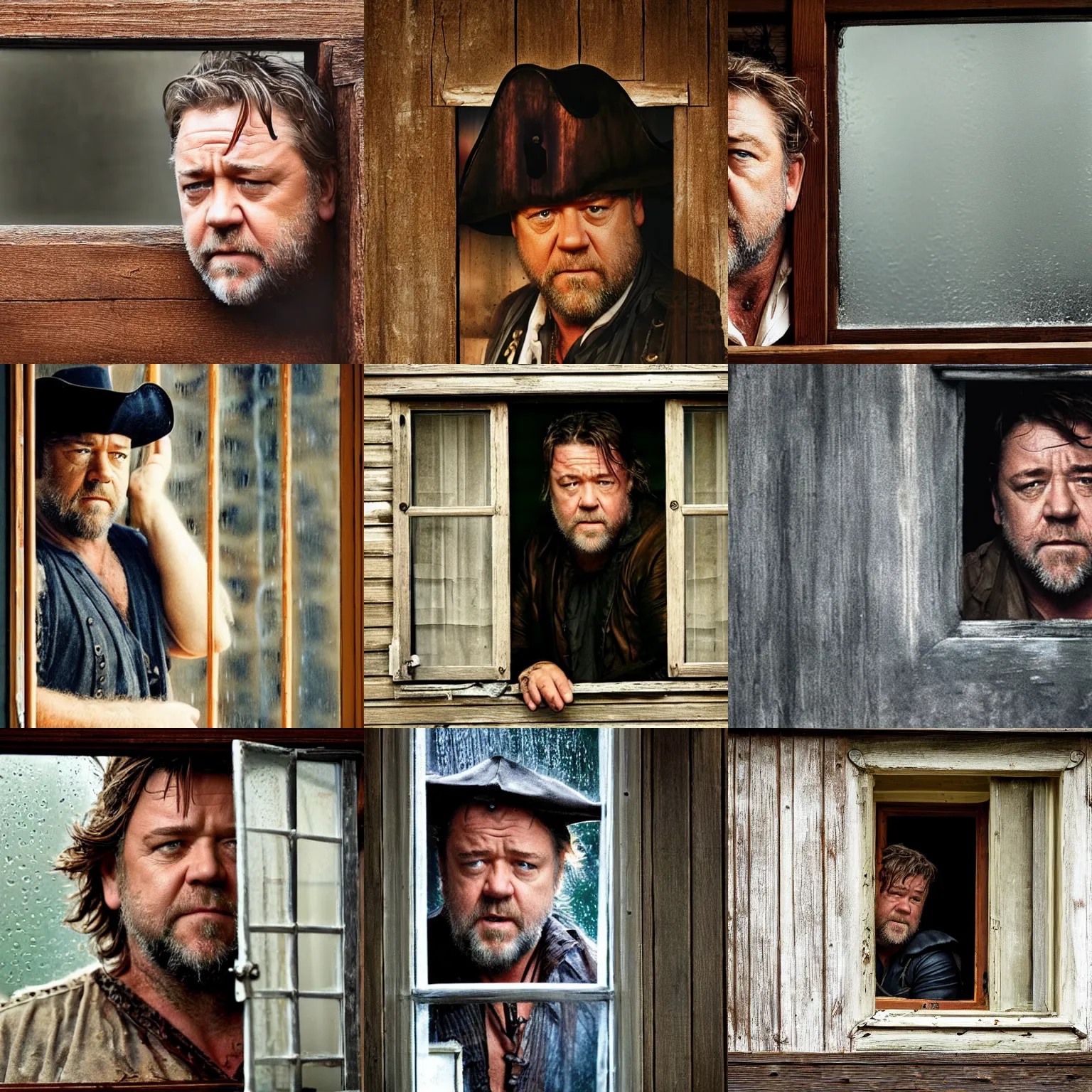 Prompt: a small window showing concerned russell crowe wearing a big pirate hat standing behind a rainy dirty window and wooden wall peering out towards the camera