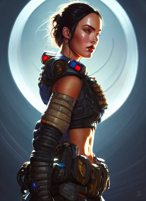 Image similar to portrait of apex legends megan fox, intricate, elegant, glowing lights, highly detailed, digital painting, artstation, glamor pose, concept art, smooth, sharp focus, illustration, art by artgerm and greg rutkowski, artey freytag