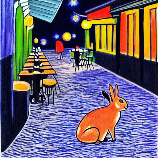 Prompt: Café Terrace at Night but there's a rabbit sitting at a table