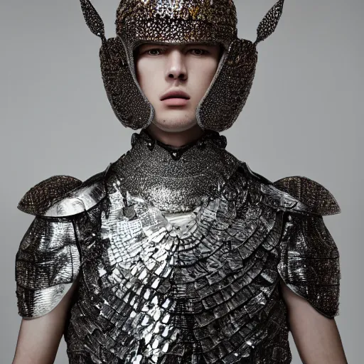 Image similar to a portrait of a beautiful young male wearing an alexander mcqueen armor made of holographic scales , photographed by andrew thomas huang, artistic