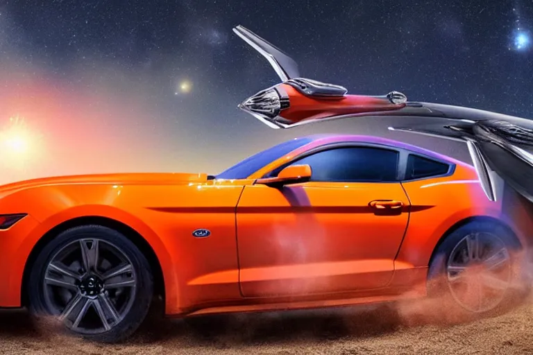 Image similar to a photo hyperrealistic spaceship flying in universe made out of bright orange Ford Mustang