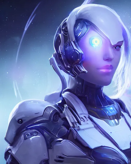 Prompt: perfect android girl on a mothership, warframe armor, beautiful face, scifi, futuristic, galaxy, nebula, raytracing, dreamy, long white hair, blue cyborg eyes, sharp focus, cinematic lighting, highly detailed, artstation, divine, by gauthier leblanc, kazuya takahashi, huifeng huang