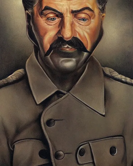 Image similar to portrait of joseph stalin in black leather jacket, gritty, very detailed, hyperrealistic, medium shot, very detailed painting by Glenn Fabry, by Joao Ruas