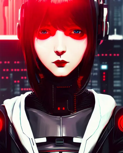 Image similar to a detailed potrait of a cyberpunk cyborg girl with black and red parts, perfect face, realistic shaded perfect face, detailed. night setting. very anime style. realistic shaded lighting poster by ilya kuvshinov katsuhiro, unreal engine, global illumination, radiant light, detailed and intricate environment