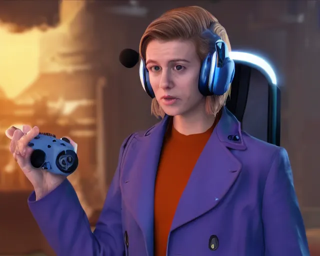 Prompt: Thirteenth Doctor as a Twitch streamer, wearing a gaming headset, webcam screenshot