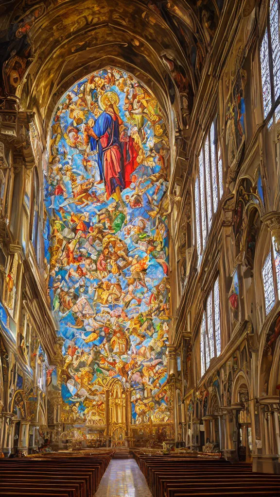 Image similar to Religious paintings, sunshine rays shine through The huge magnificent painted panes of the church with the Goddess of Justice. Inside the church，the light shone on the worn floor and the dusty and cobwebbed chairs，very solemn and sacred. 8k UHD