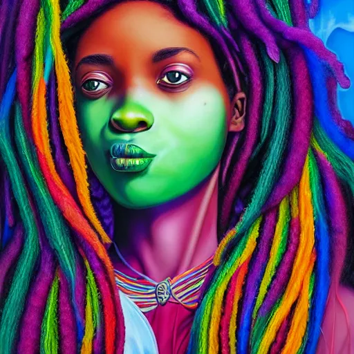 Image similar to a wide angle shot of a black girl with colorful dreadlocks in a field of candy, by Adi granov and afarin sajedi and amanda sage and evgeni gordiets and Agostino Arrivabene and adonna khare in a psychedelic portrait style, ultrarealistic matte painting, volumetric lighting, fractal, extremely symmetrical, highly detailed face, orisha, 8k, hd