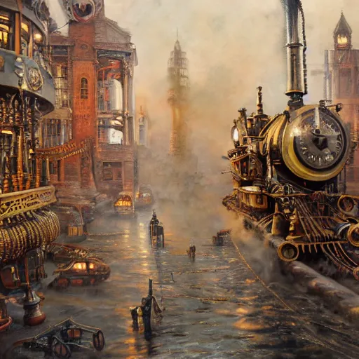 Image similar to fantasy steam punk machine walks through the center of a dallas, extremely detailed oil painting, 1 9 2 0's colored pencil, highly detailed, highly accurate, deep aesthetic, 8 k, highly ornate intricate details, cinematic lighting, rich colors, beautiful scenic view, ray tracing, hyperrealistic, photorealistic, cinematic landscape, trending on artstation, concept art,