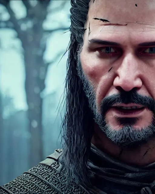 Image similar to Keanu Reevez in the role of Witcher III Gerald of Rivia, amazing short, 8K, IMAX, ultra detailed