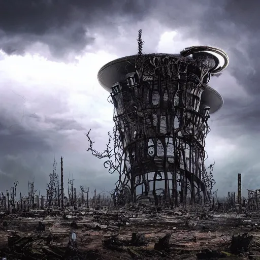 Image similar to giant evil bio-organic fleshy complex machine tower with tendrils and one eyeball at the top looking over a stormy post-apocalyptic wasteland, dystopian art