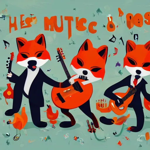 Image similar to music album cover, with anthropomorphic foxes animals dressed in suits, holding guitars, on a beach, all looking at camera, studio lighting, 8 5 mm f / 1. 4