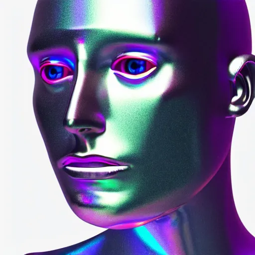 Image similar to 3d render of holographic human robotic head made of glossy iridescent, surrealistic 3d illustration of a human face non-binary, non binary model, 3d model human, cryengine, made of holographic texture, holographic material, holographic rainbow, concept of cyborg and artificial intelligence