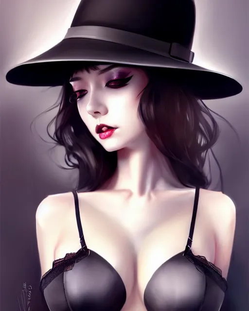 Prompt: lady with eyeliner makeup from genshin impact in fedora hat and black coat, seductive lingerie camisole, intricate, elegant confident pose, sharp focus, illustration, highly detailed, digital painting, concept art, art by wlop and artgerm and ross tran, masterpiece, fritz willis, charlie bowater