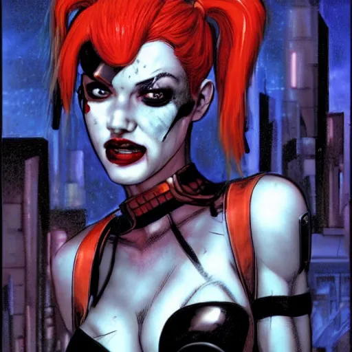 Image similar to a dream portrait of cyberpunk Harley Quinn in post apocalyptic Gotham art by Paul Dini, Joe Chiodo