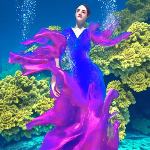 Prompt: woman dancing underwater wearing a flowing dress made of blue, magenta, and yellow seaweed, amazing corals around her, swirling silver fish, unreal engine, caustics lighting from above, cinematic