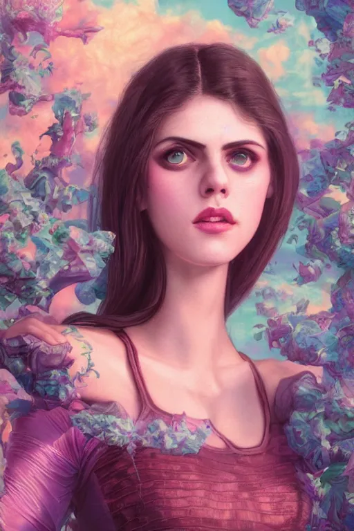 Prompt: alexandra daddario portrait of a vaporwave girl in a cluttered 9 0 s bedroom, by artgerm, tom bagshaw, gerald brom, vaporwave!, vaporwave colors!, lo fi colors, lo fi, 4 k, hd,