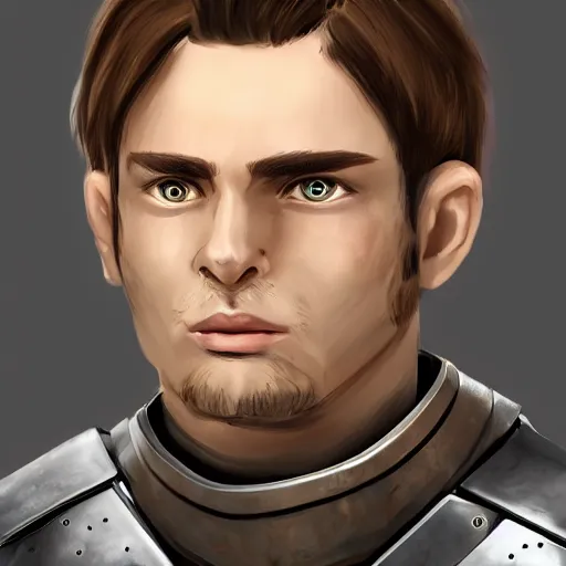 Prompt: character portrait young scarred captain knight with a steel breastplate, short brown hair and stubble. straight nose, brown eyes, lean face and build. hyper detailed