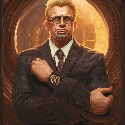 Image similar to portrait of Duke Nukem as President, epic, intricate, headshot, highly detailed, digital painting, artstation, concept art, sharp focus, illustration, art by artgerm and greg rutkowski and alphonse mucha