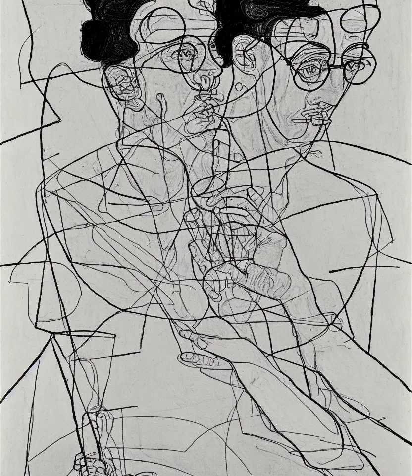 Image similar to detailed line art portrait of henri cartier - bresson, inspired by egon schiele. caricatural, minimalist, bold contour lines, musicality, soft twirls curls and curves, confident personality, raw emotion