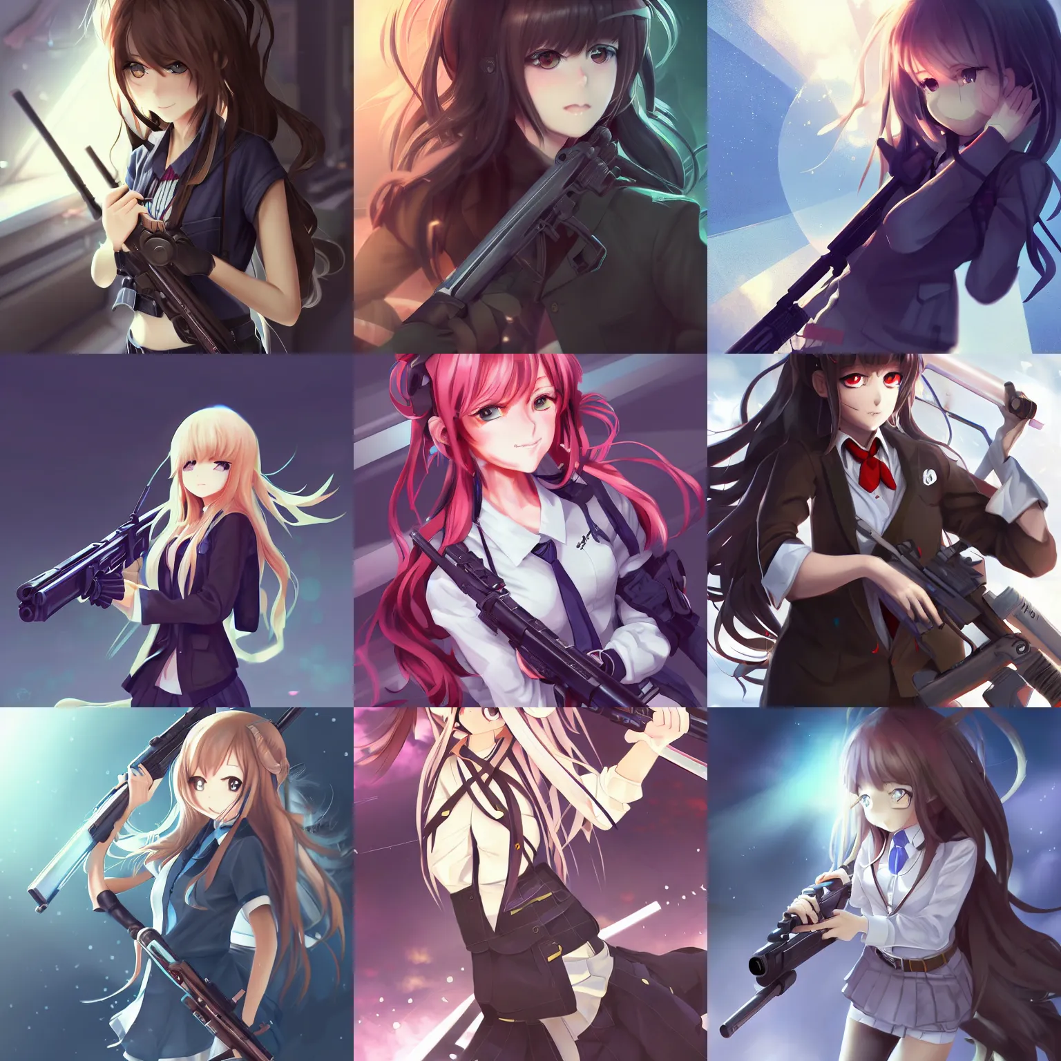 Prompt: anime, full body, cute, female, a cute girl wearing a school uniform and holding a sniper rifle, long wavy hair, light and shadow effects, highly detailed, digital painting, art station, sharp focus, high quality, frontal view, illustration, concept art, wlop