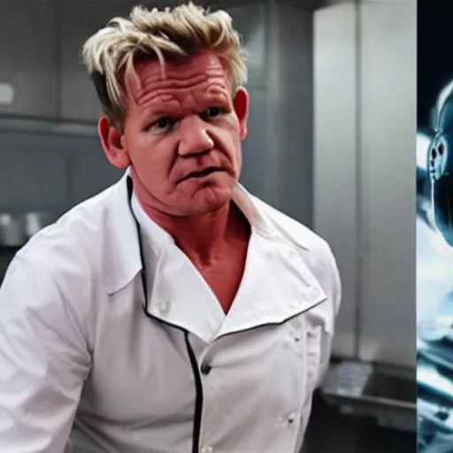 Image similar to gordon ramsay has the terminator cyborg and a movie still