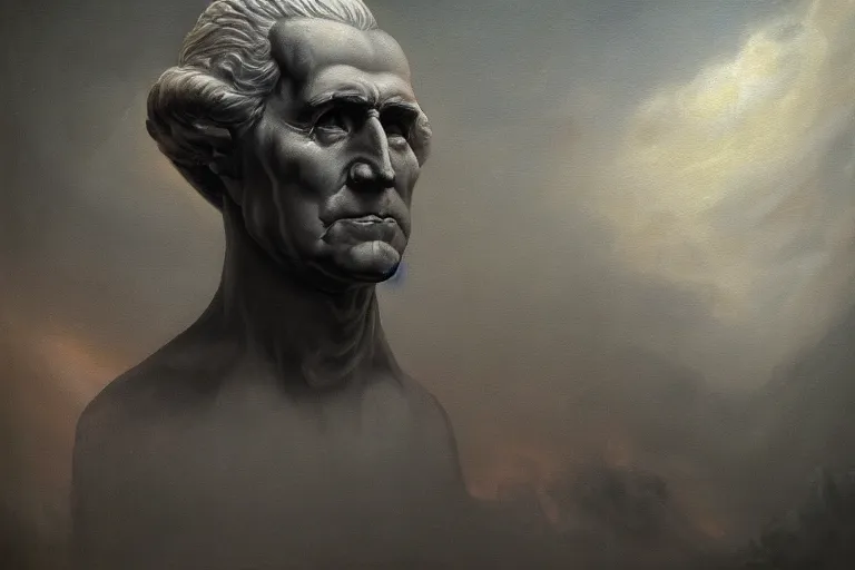 Prompt: brutalist ambient atmospheric demon evil george washington oil painting portrait, symbolic, volumetric lighting, award - winning, perfection, ambitious, ambient occlusion, vibrant, 4 k hd, grainy,