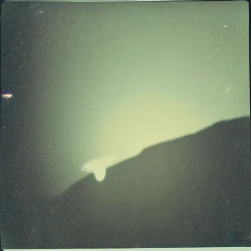 Image similar to a ufo flying over a mountain at night, distant!!, historical photo, old polaroid, expired film,