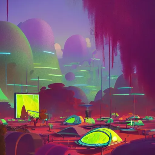 Image similar to a painting of a 1 9 6 0 s cyberpunk!! futuristic!! hippie commune with tents and fruit trees and flowers and led screens, a matte painting by magali villenueve and beeple, cgsociety, utopia art, sci - fi, bold colors, artstation hq