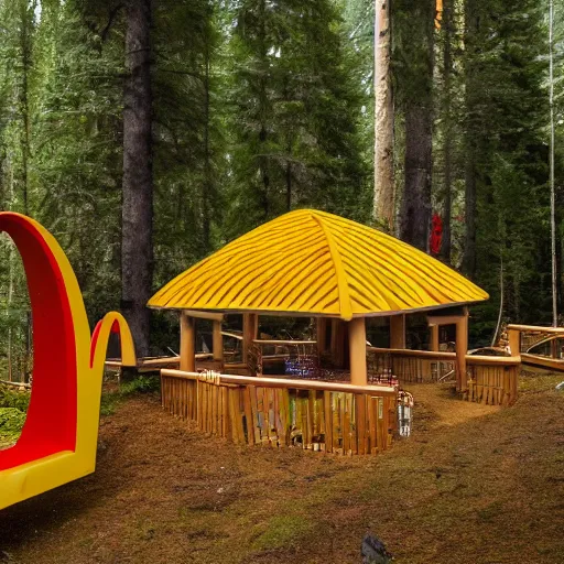 Prompt: photograph of a mcdonalds playplace inside a pacific northwest forest