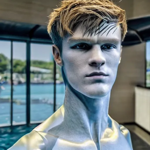 Image similar to a realistic detailed photo of a guy who is an attractive humanoid who is half robot and half humanoid, who is a male android, soccer player martin ødegaard, shiny skin, posing like a statue, blank stare, by the pool, on display, showing off his muscles, humanoid robot, frozen ice statue