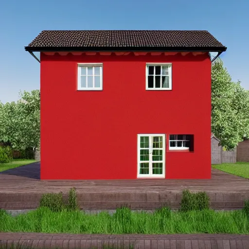 Image similar to a modern half - timbered house with a red door and windows, a digital rendering by schelte a bolswert, featured on polycount, de stijl, reimagined by industrial light and magic, angular, symmetrical