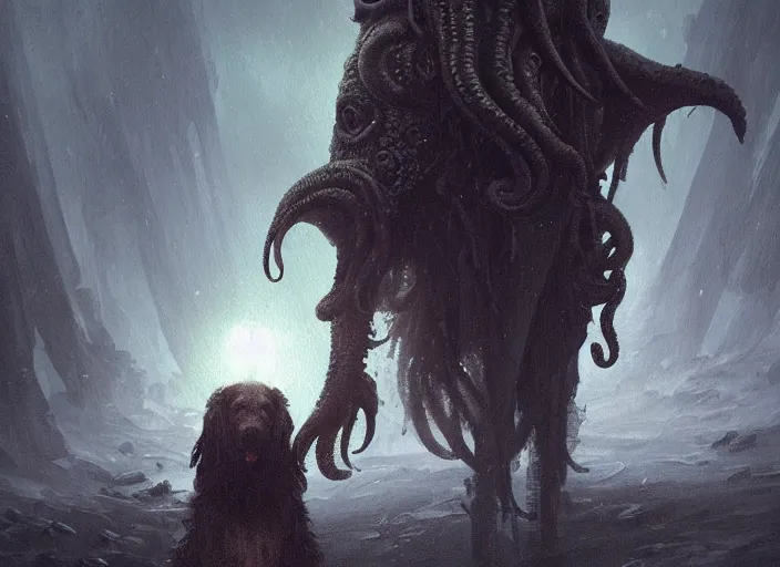 Prompt: A cthulhu and dog mix, highly detailed, in the style of romanticism, cinematic, artstation, Moebius, Greg rutkowski