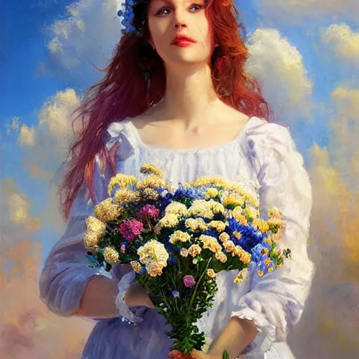 Image similar to a portrait of a romantic woman with flowers grow out of hair, roses peonies forget-me-nots dahlias lupins gladioli, sky theme in background, by Alexandr Averin, Digital Art, Trending on artstation